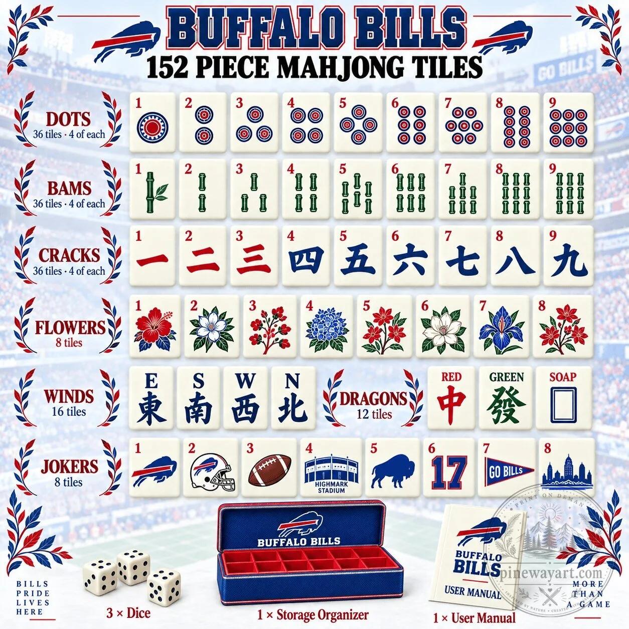 Buffalo Bills Mahjong Game Set with Storage Organizer and User Manual