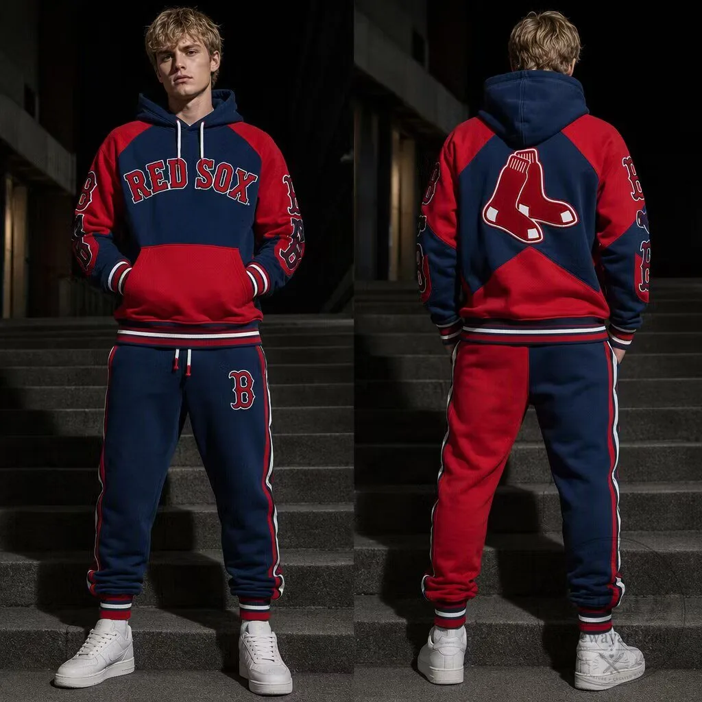 Boston Red Sox Navy Red Colorblock Hooded Sweatshirt And Sweatpants Set