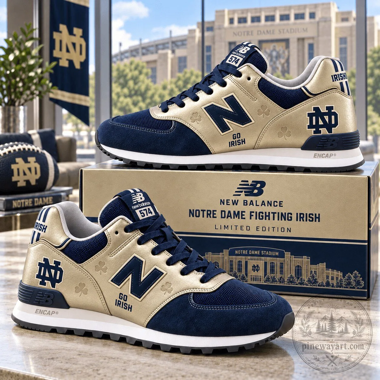 Notre Dame Fighting Irish New Balance 574 Gold and Navy Blue Sneakers