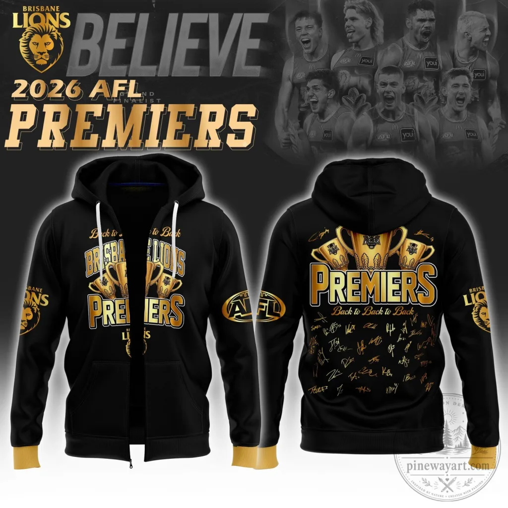 Brisbane Lions 2026 AFL Premiers Three-Peat Full-Zip Hoodie Brisbane Lions 2026 AFL Premiers Three-Peat Full-Zip Hoodie