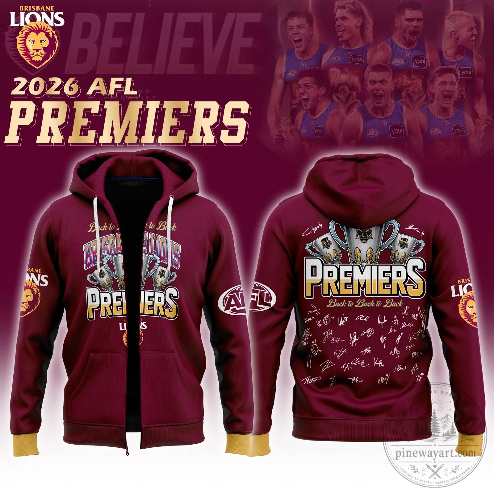 Brisbane Lions 2026 AFL Premiers Three-Peat Zipper Hoodie 1 Brisbane Lions 2026 AFL Premiers Three-Peat Zipper Hoodie