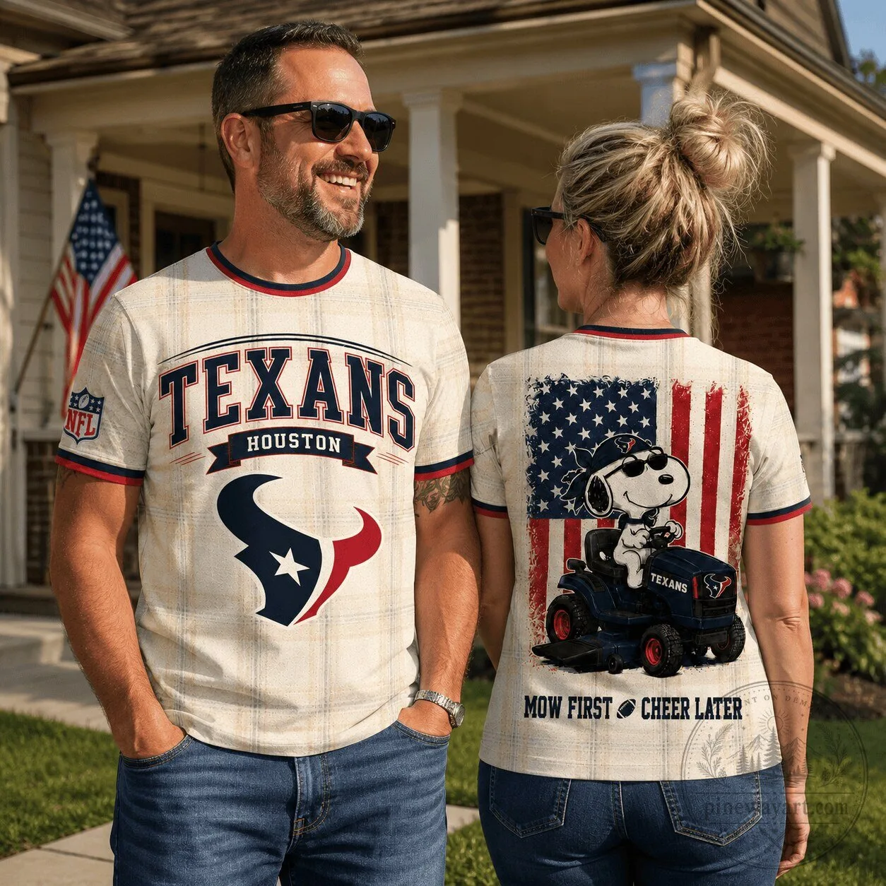 Houston Texans Football Snoopy Mow First Cheer Later T-Shirt 2 Houston Texans Football Snoopy Mow First Cheer Later T-Shirt