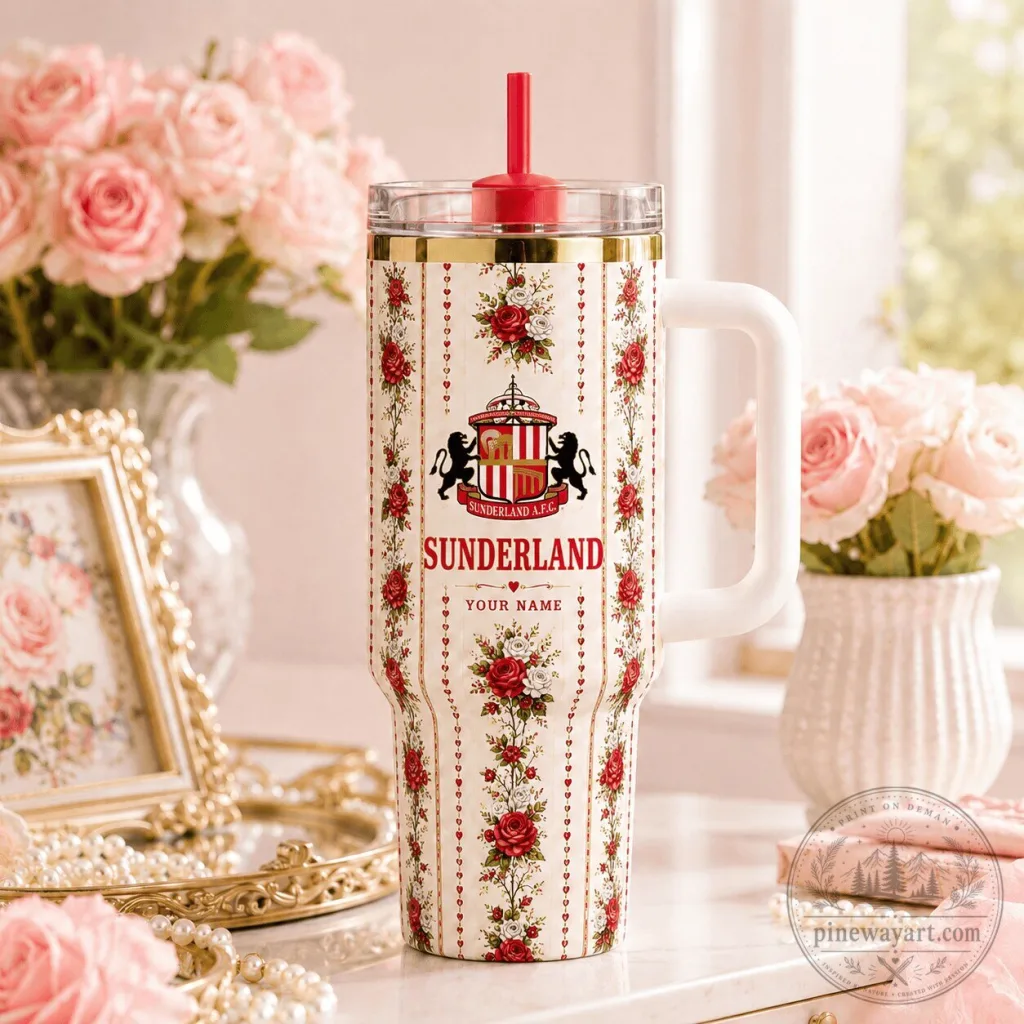 Sunderland Football Club Floral Pattern Insulated Straw Tumbler with Handle Sunderland Football Club Floral Pattern Insulated Straw Tumbler with Handle