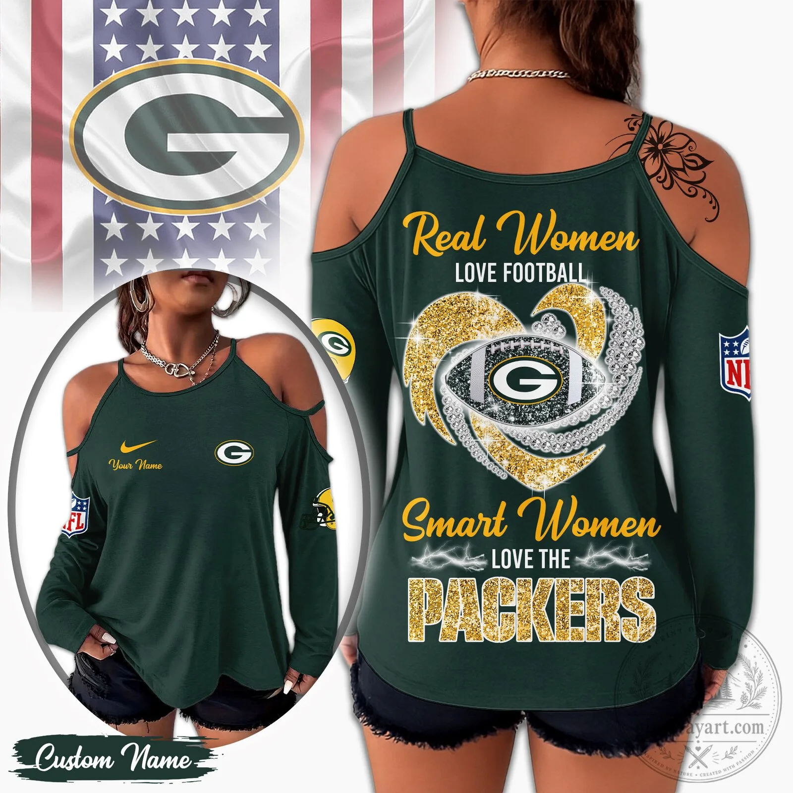 Green Bay Packers Real Women Love Football Cold Shoulder Long Sleeve Shirt