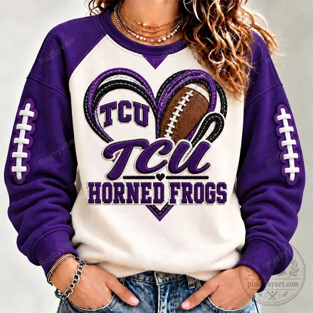 TCU Horned Frogs Football Heart Design Purple and White Raglan Sweatshirt 5 TCU Horned Frogs Football Heart Design Purple and White Raglan Sweatshirt