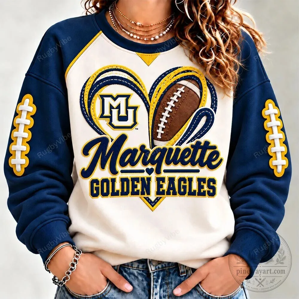 Marquette Golden Eagles Football Heart Design Cream and Navy Blue Sweatshirt 2 Marquette Golden Eagles Football Heart Design Cream and Navy Blue Sweatshirt