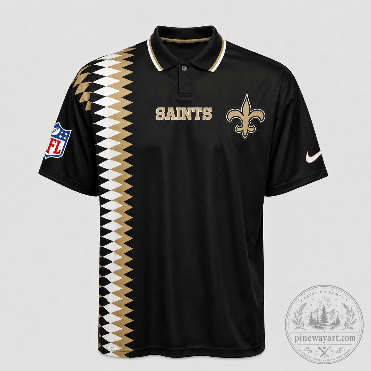 New Orleans Saints National Football League Black Gold Zigzag Stripe Polo Shirt 1 New Orleans Saints National Football League Black Gold Zigzag Stripe Polo Shirt