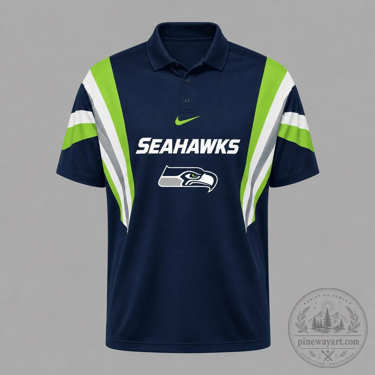 Seattle Seahawks Nike Inspired Navy Blue and Green Stripe Polo Shirt