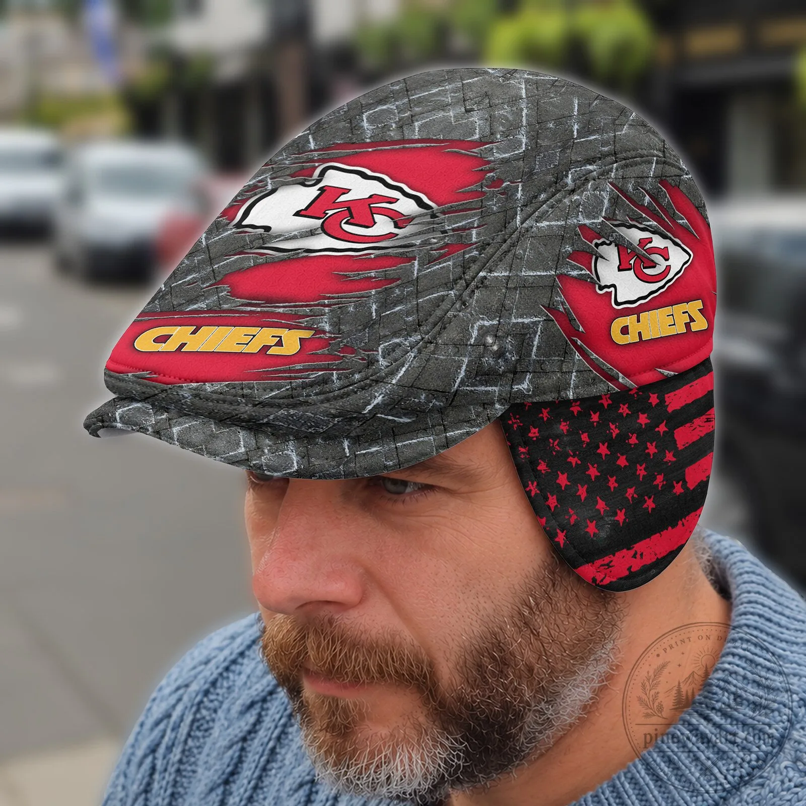 Kansas City Chiefs Distressed Brick Pattern Flat Cap with Ear Flaps
