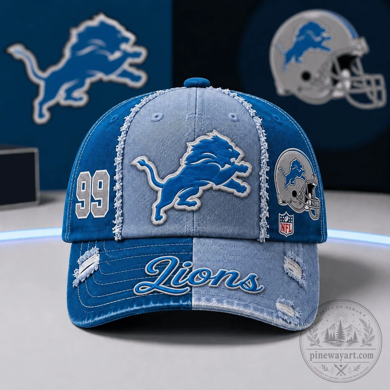 Detroit Lions Fan Distressed Denim Baseball Cap with Custom Number 99