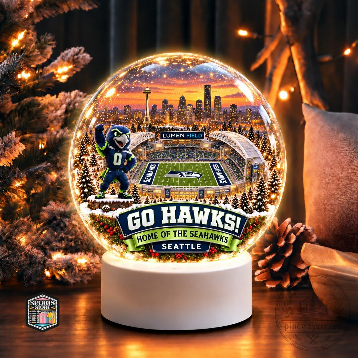 Seattle Seahawks Lumen Field Snow Globe Christmas Ornament