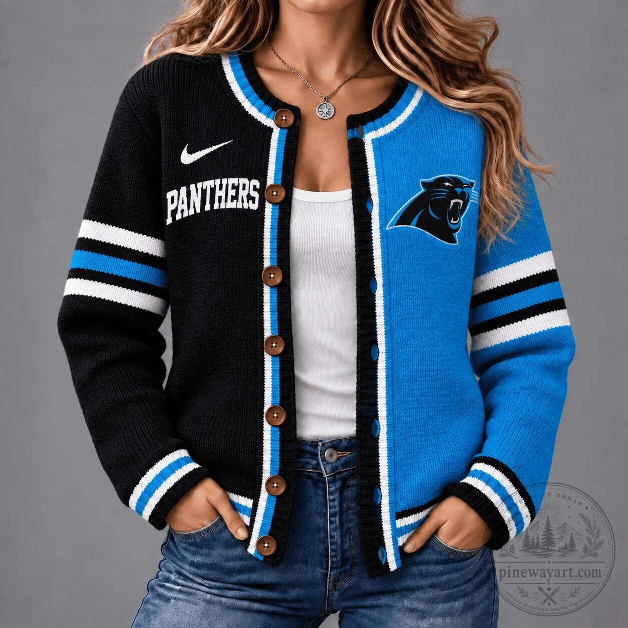 Carolina Panthers Split Colorblock Knit Cardigan Sweater