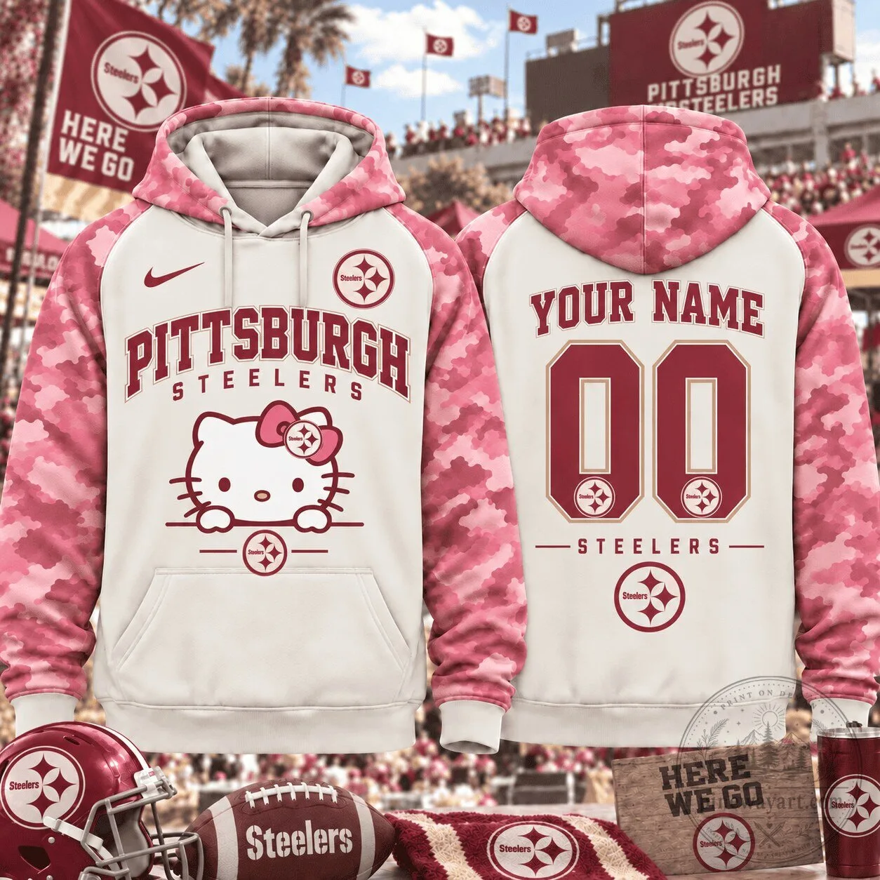 Custom Pink Camouflage Hoodie featuring Hello Kitty and Pittsburgh Steelers Design 1 Custom Pink Camouflage Hoodie featuring Hello Kitty and Pittsburgh Steelers Design