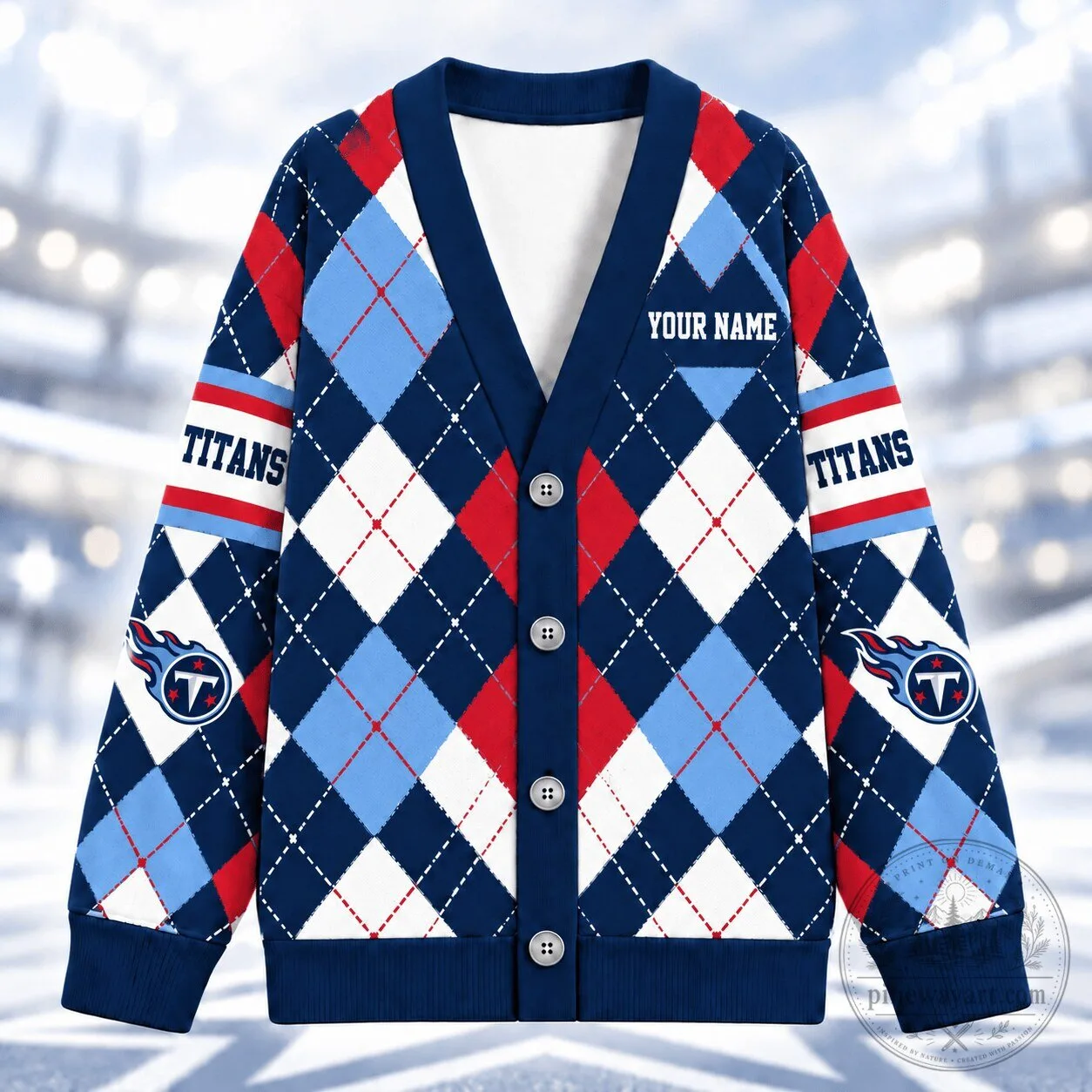 Tennessee Titans Argyle Pattern Custom Name V-Neck Knitted Cardigan