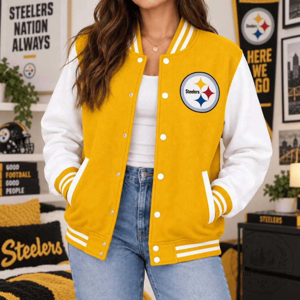 Pittsburgh Steelers NFL Classic Varsity Emblem Bomber Jacket for Football Fans Pittsburgh Steelers NFL Classic Varsity Emblem Bomber Jacket for Football Fans