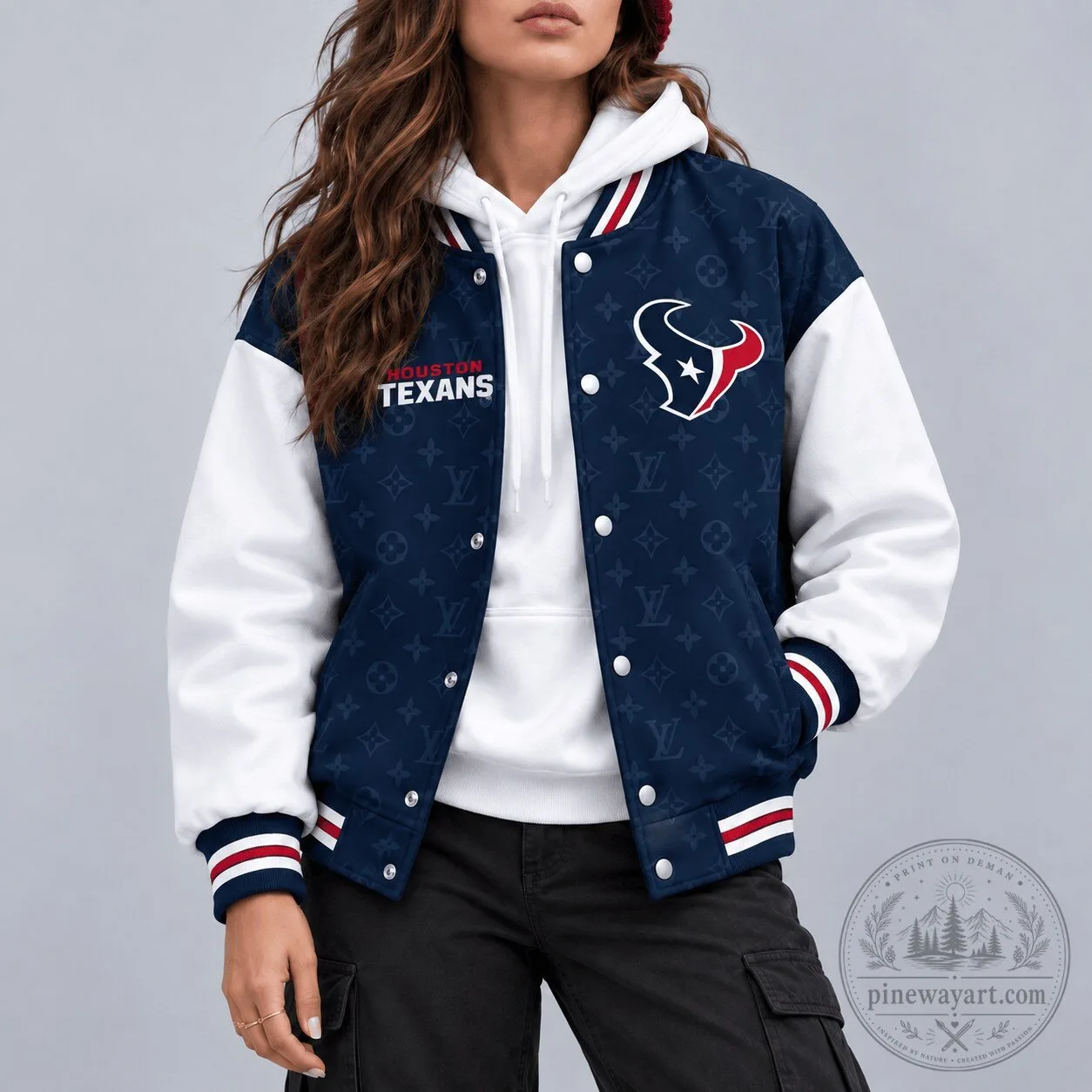 Houston Texans Varsity Bomber Jacket with Louis Vuitton Style Monogram 1 Houston Texans Varsity Bomber Jacket with Louis Vuitton Style Monogram