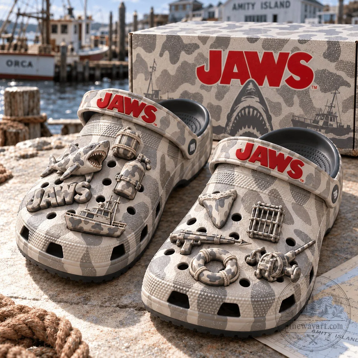Jaws Movie Camouflage Clog Shoes with Shark and Boat Charms