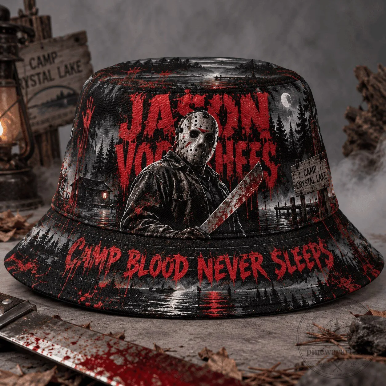Horror Movie Bucket Hat Featuring Jason Voorhees from Camp Blood Never Sleeps