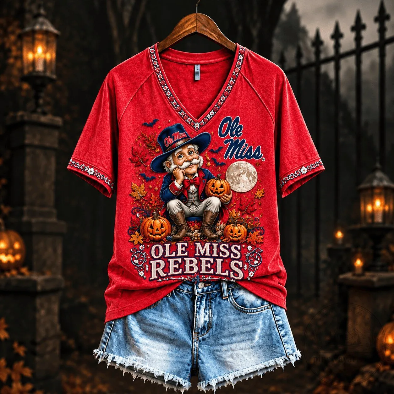 Ole Miss Rebels Spooky Season Mascot V-Neck T-Shirt