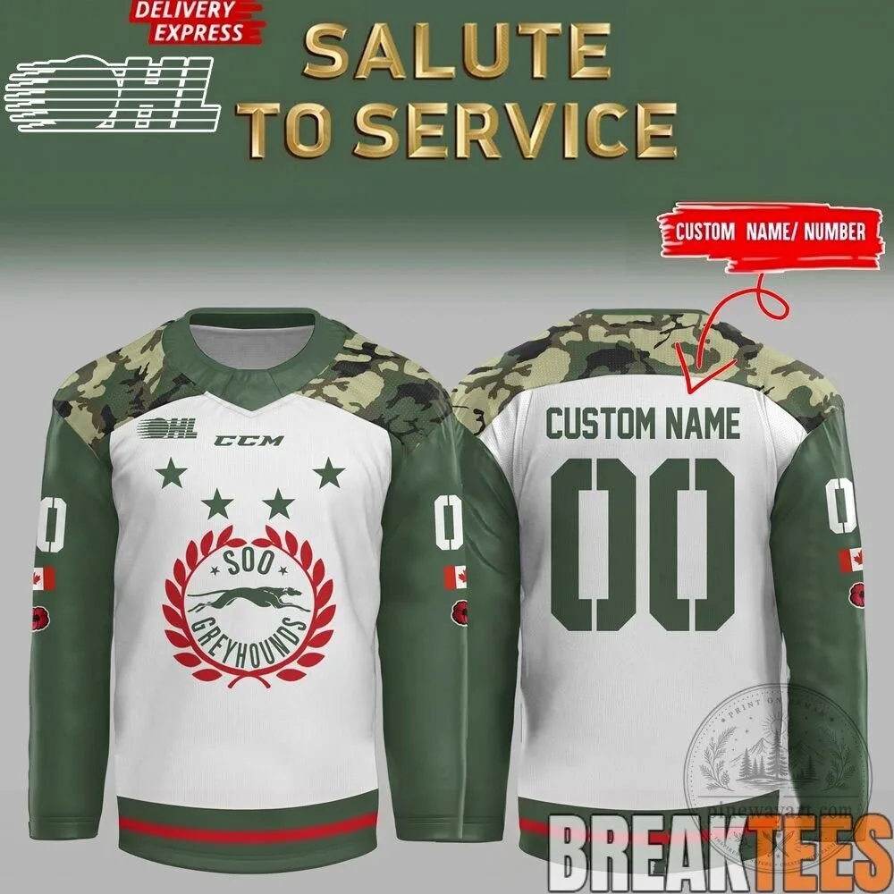 Soo Greyhounds Salute To Service Custom Name Number Hockey Jersey
