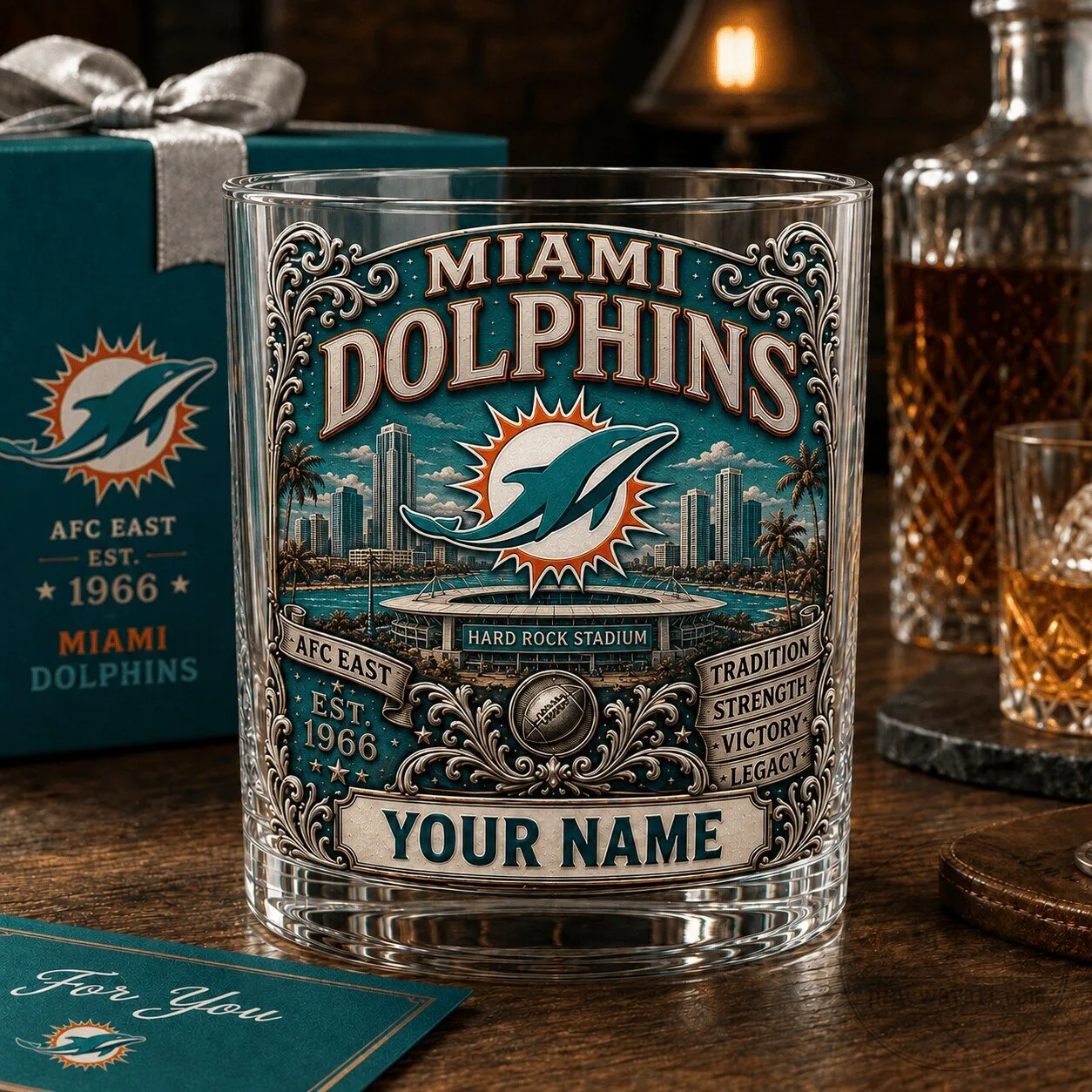 Miami Dolphins NFL Premium Whiskey Glass Custom Name Gift For Fan
