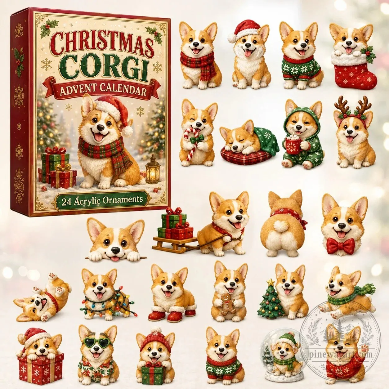 Christmas Corgi Advent Calendar with 24 Acrylic Ornaments for Holiday Decor