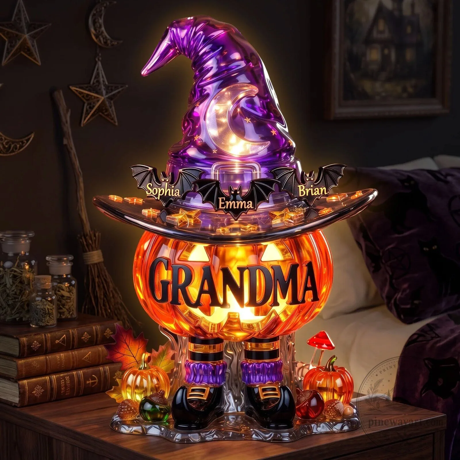 Personalized Grandma Halloween Witch Hat Pumpkin Light Box Decoration