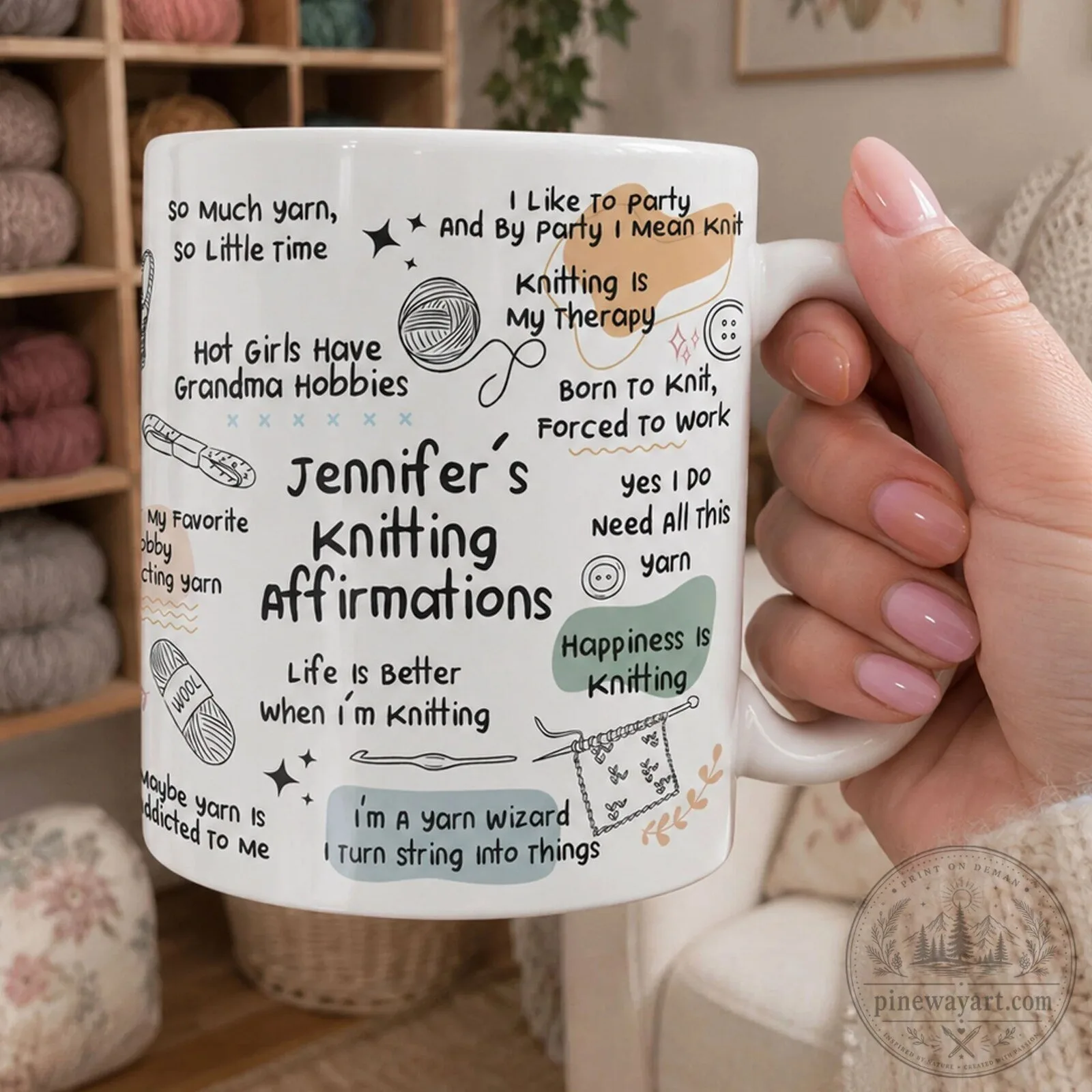 Personalized Knitting Affirmations Ceramic Coffee Mug for Yarn Lovers, Custom Name Gift
