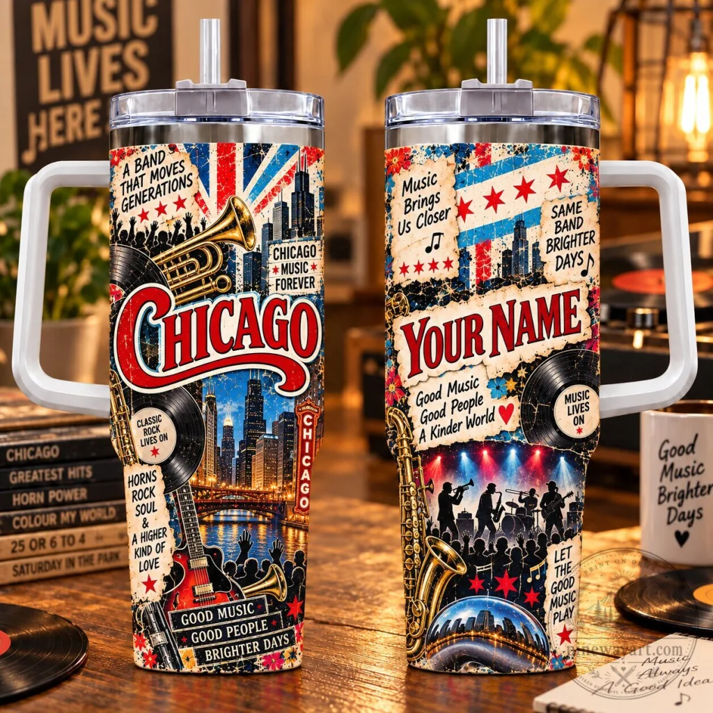 Chicago Music City Personalized Stainless Steel Tumbler with Handle Chicago Music City Personalized Stainless Steel Tumbler with Handle
