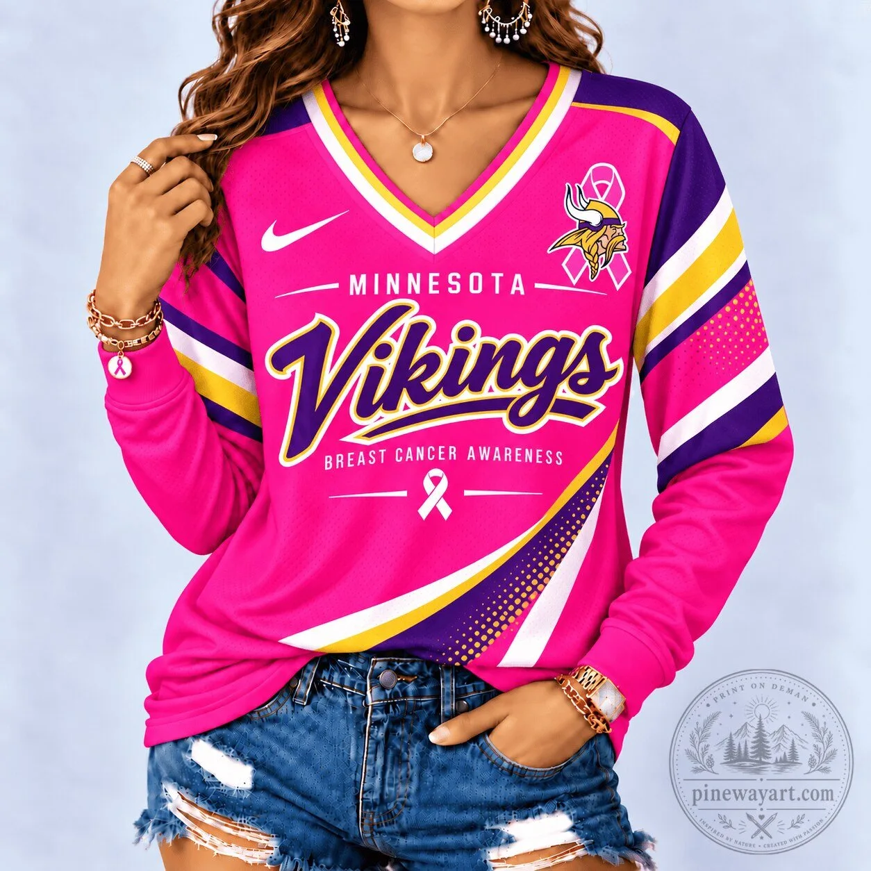 Minnesota Vikings Breast Cancer Awareness Pink Long Sleeve V-Neck Shirt 1 Minnesota Vikings Breast Cancer Awareness Pink Long Sleeve V-Neck Shirt