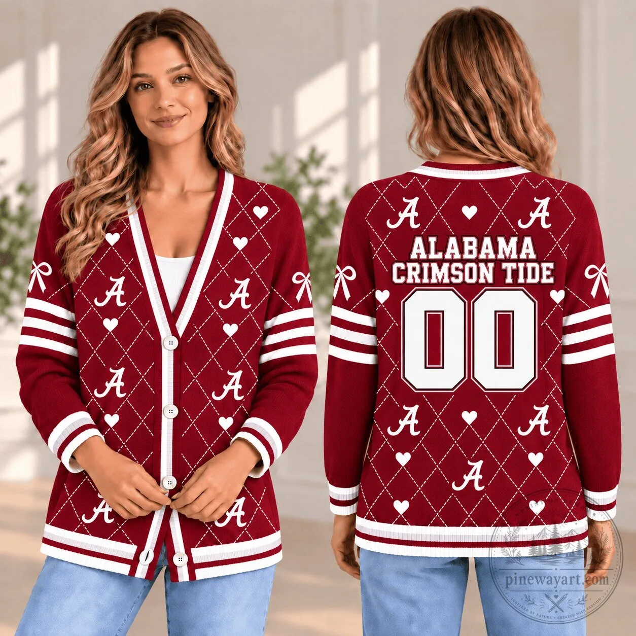 Alabama Crimson Tide Personalized Argyle Pattern Cardigan Sweater