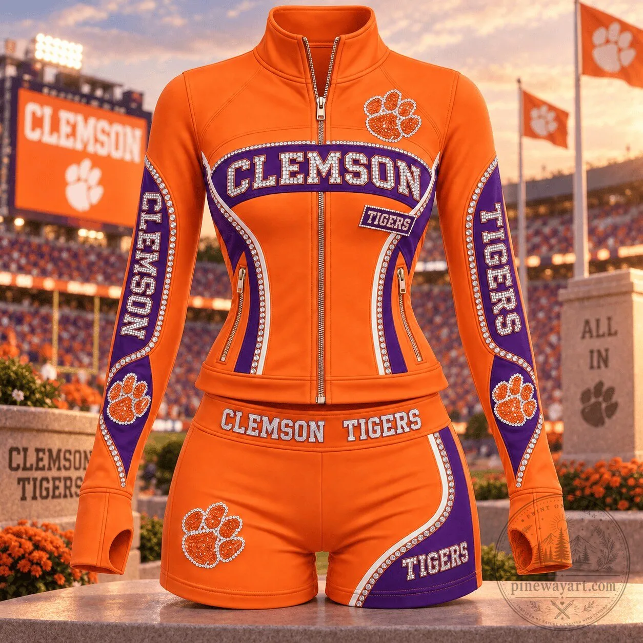 Clemson Tigers Women's Rhinestone Embellished Zip-Up Jacket and Shorts Set