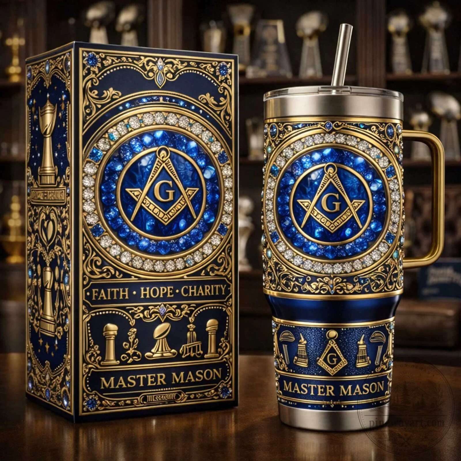 Master Mason Faith Hope Charity Masonic Tumbler with Handle 1 Master Mason Faith Hope Charity Masonic Tumbler with Handle