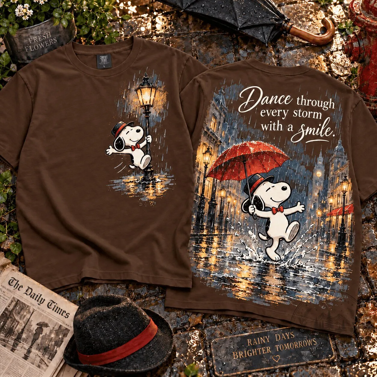 Snoopy Dancing in the Rain "Dance Through Every Storm" Brown T-Shirt