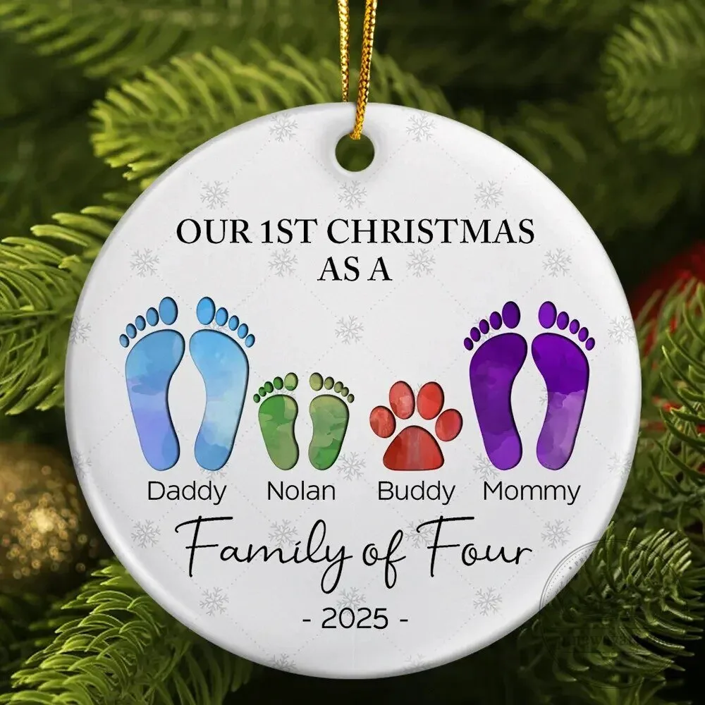 Babies First Christmas Family of Four Footprints Personalized Ceramic Ornament