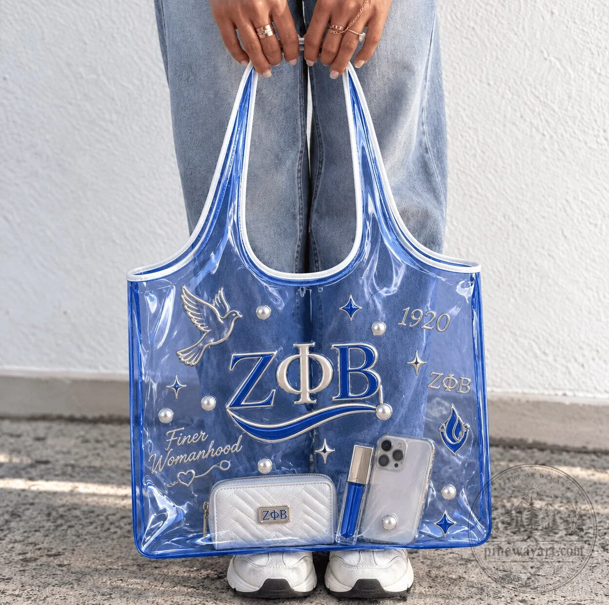 Zeta Phi Beta Sorority Clear Tote Bag with Pearl Embellishments