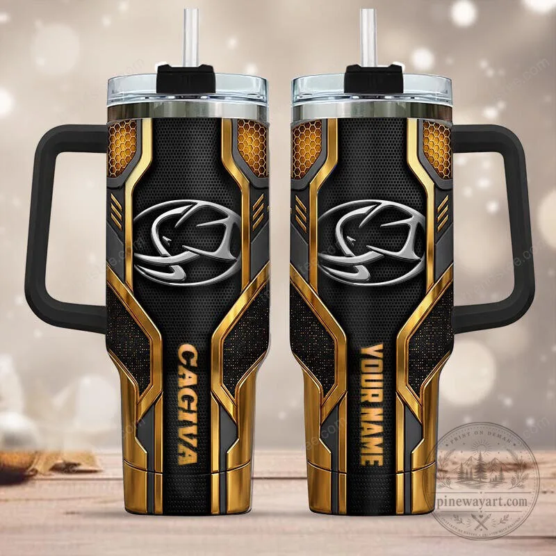 Cagiva Motorcycle Racing Team Gold Black Pattern Tumbler with Handle
