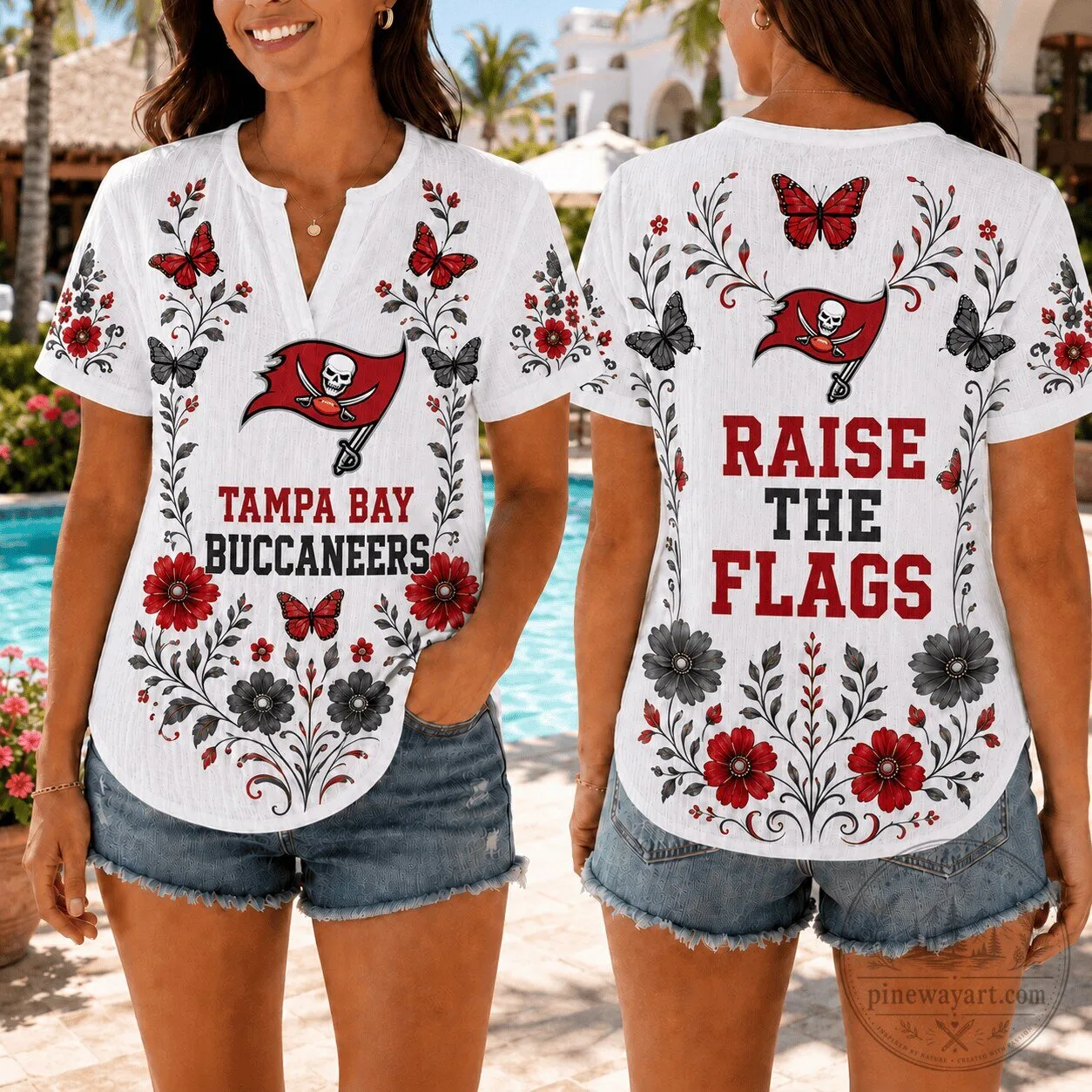 Tampa Bay Buccaneers Butterfly Floral Game Day Women's Short Sleeve T-Shirt