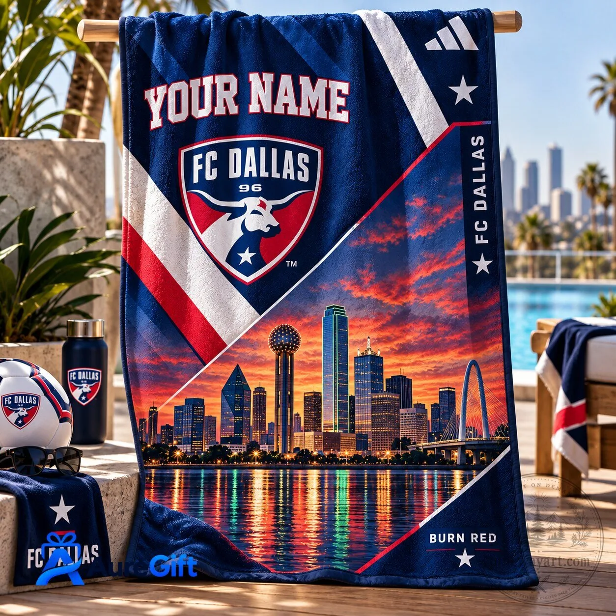 FC Dallas Personalized Beach Towel with Dallas Cityscape and Team Logo