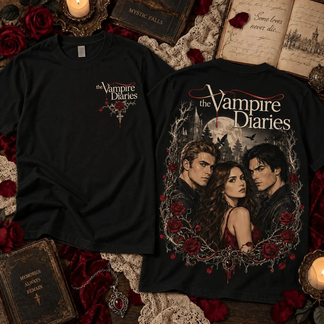 The Vampire Diaries Mystic Falls Romance Black Graphic T-Shirt