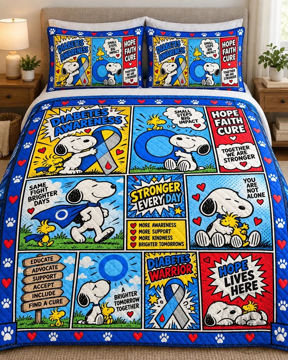 Snoopy Diabetes Awareness Hope Faith Cure Stronger Every Day Quilt Blanket