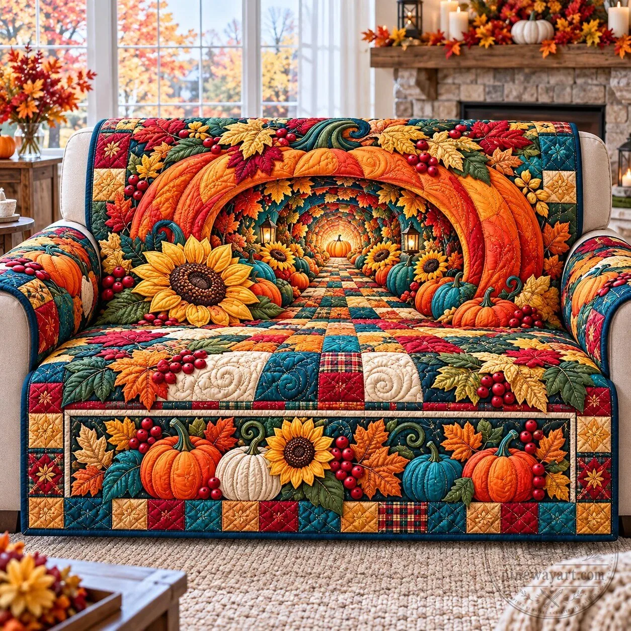 Autumn Pumpkin Patch Quilted Sofa Cover with Fall Leaves and Sunflowers