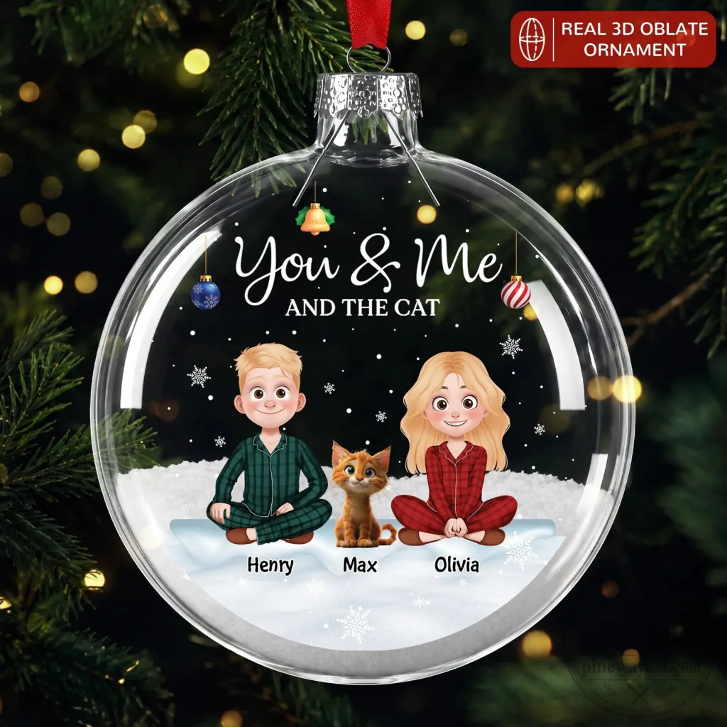 Personalized Couple and Cat Christmas Glass Ornament Personalized Couple and Cat Christmas Glass Ornament