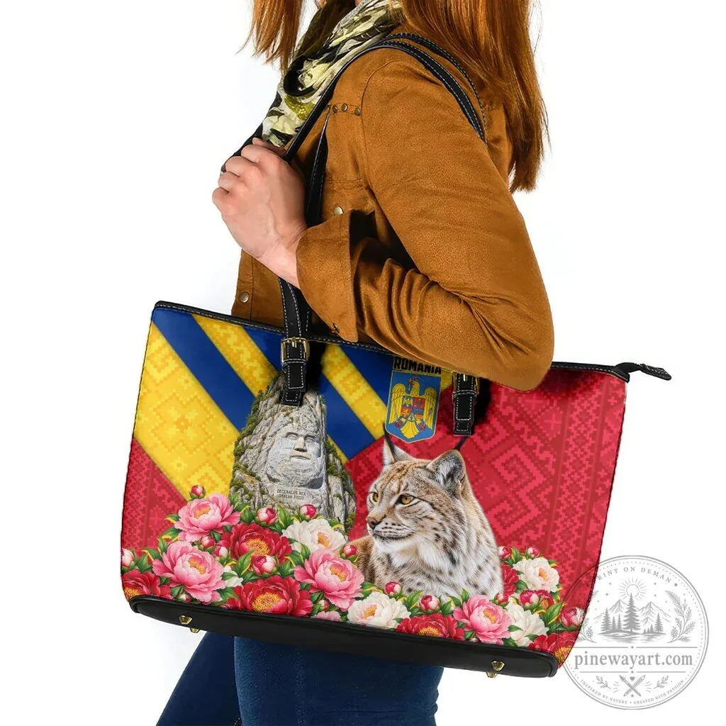 Romania Lynx and Decebalus Rex Peony Floral Motifs Leather Tote Bag