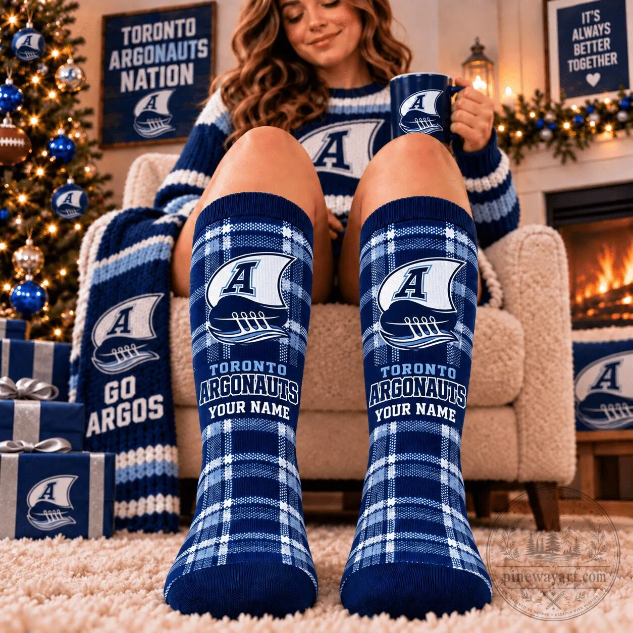 Toronto Argonauts Football Team Custom Name Blue Plaid Pattern Crew Socks