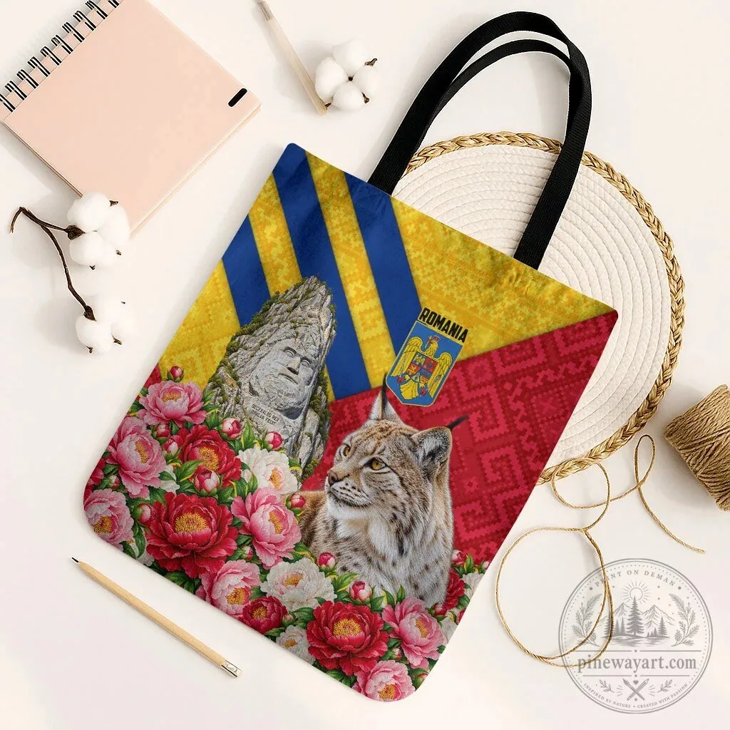 Romania Flag Lynx Decebalus Rex Peony Floral Motifs Tote Bag