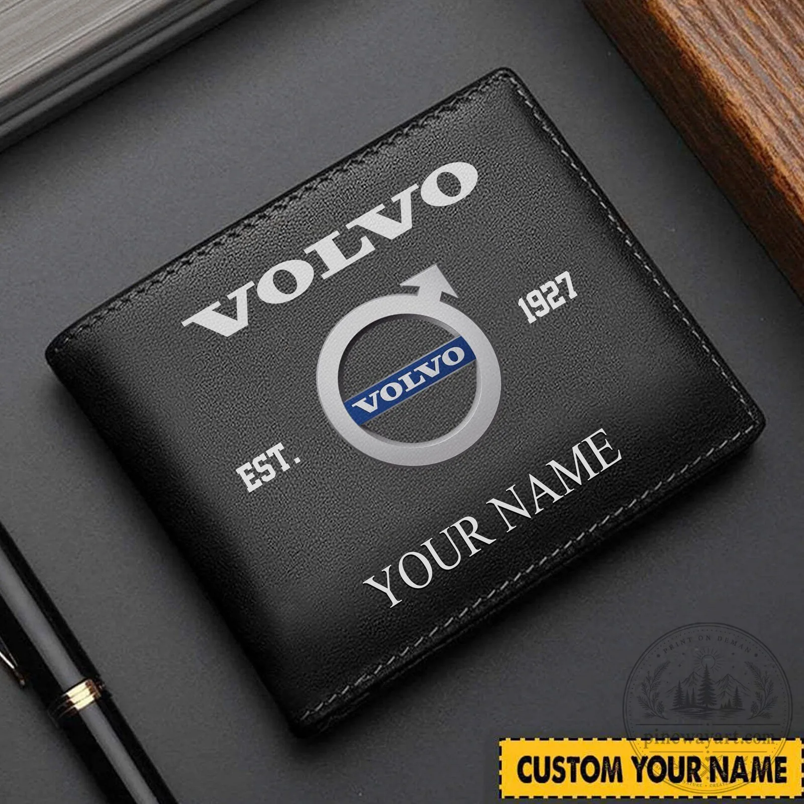 Volvo Est 1927 Custom Name Black Leather Wallet