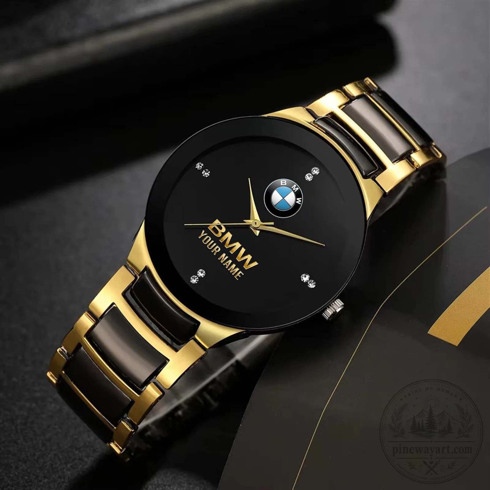BMW Custom Name Black and Gold Quartz Watch for Men