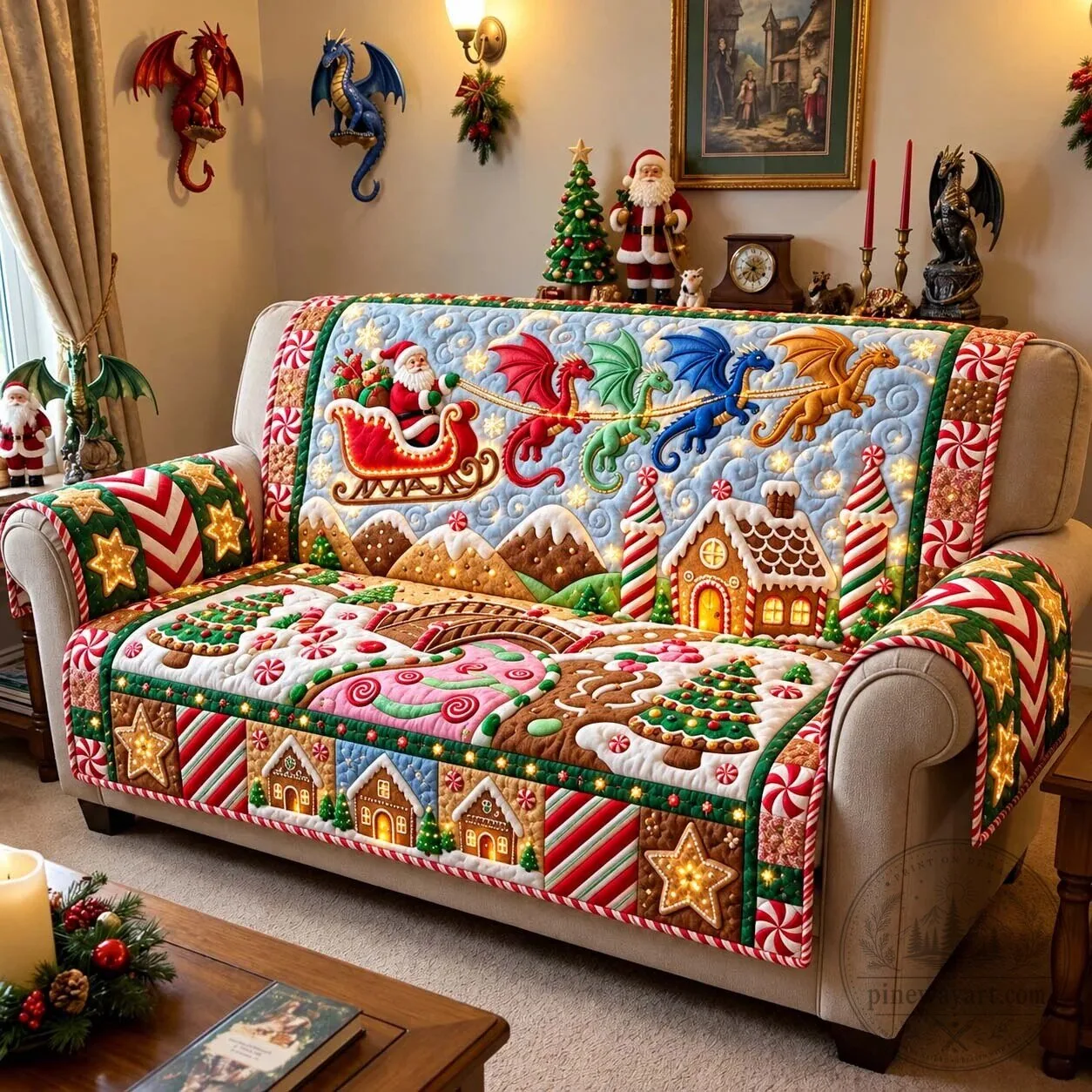 Christmas Santa Claus Dragon Sleigh Ride Gingerbread House Quilted Sofa Cover