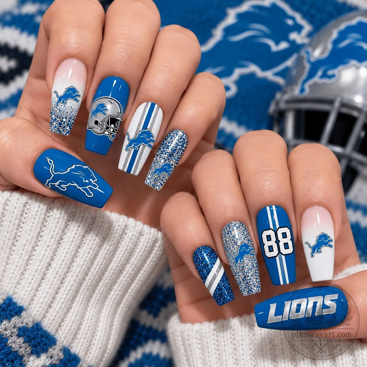 Detroit Lions Football Team Glitter Press On Nails Set